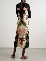 Elegant Palm Leaf Print Long Sleeve Midi Dress