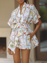 Unique Linen Floral Print Short Loose Top With Tie Pocket Shorts Set