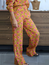 Unique Floral Print Mustard High-Waisted Straight-Leg Pants