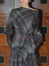 Asymmetric Draped Plaid Long-Sleeve Top