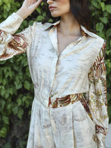 Elegant Palm Print Satin Elastic Waist Pocket Wide-Leg Jumpsuit