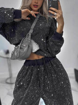 Fashion Sequin Starry Round Neck Loose Top And Drawstring Wide-Leg Pants Set