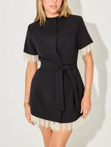 Elegant Pearl Trim Wrap Mini Dress