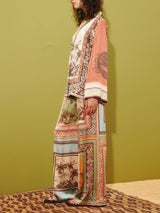 Unique Satin Floral Print Button-Up Shirt with Elastic Waist Pockets And Wide-Leg Pants Set