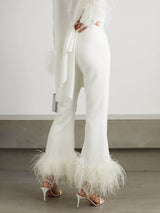Elegant Satin Feather Trim Wide-Leg Pants