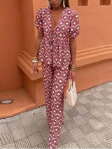 Casual Floral Print Lace-Up V-Neck Top