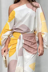 Fashionable Elegant Printed Tassel-Trim Midi Skirt