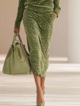 Casual Leopard-Texture Half-Zip Top & Midi Skirt Two-Piece Set