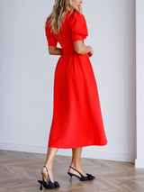 Elegant V-neck Puff Short Sleeve Midi Dress