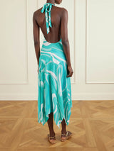 Retro Print Irregular Twill Trim Knit Backless Midi Dress