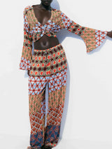 Retro Vitality Folk Style Printed Twisted Short Shirt