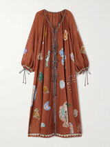 Retro Floral Print Linen-Cotton Blend Midi Dress