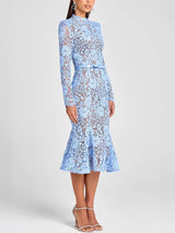 Elegant Lace Belted Long Sleeve Mermaid Midi Dress