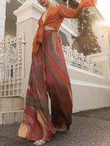 Casual Bell-Sleeve Tie-Up Top with Colorful Print High-Waisted Wide-Leg Pants Set