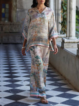 Playful And Elegant Digital Print Flared Sleeve Loose Oversized Shirt