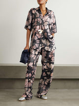 Unique Floral Print Satin High Waist Elastic Waist Tie Pocket Straight Pants