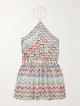 Unique Metallic Crochet Halter Jumpsuit