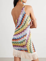 Delicate One-Shoulder Fringed Printed Tulle Mini Dress