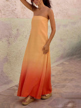Unique Gradient Color Print Strapless Maxi Dress
