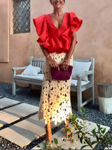 Retro Lace Floral Split Midi Skirt