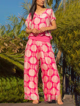 Bohemian Swirl Dot Print Elastic Waistband and Hem Side Slits Slits Pants