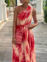 Elegant One-Shoulder Floral Print Tie-Waist Maxi Dress
