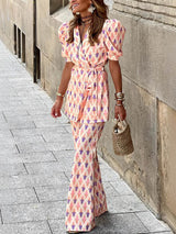 Fresh Colors Print Puff Sleeve Belted Lapel Blazer Tops