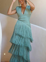 Elegant V-neck Pleated Fringe Maxi Dress