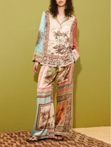 Unique Satin Floral Print Loose Button-Up Shirt