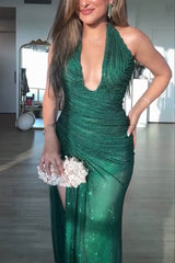 Exquisite Sequin Pleated Design Deep Halter U-neck Slit Drape Gown Maxi Dress