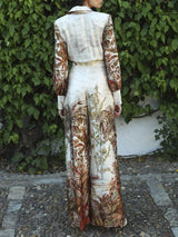 Elegant Palm Print Satin Elastic Waist Pocket Wide-Leg Jumpsuit