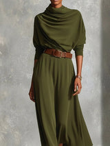 Elegant Draped Neck Knit Midi Dress