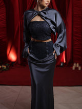 Elegant Satin Long-sleeved Crop Top And Skirt Two-piece Set