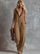 Retro Hooded V-Neck Zip-Front Jumpsuit