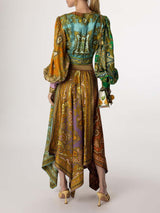 Exquisite Bohemian Paisley Print Satin Tie-Front Blouse