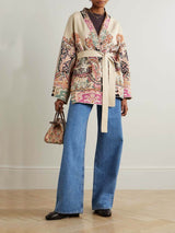 Classic Unique Print Belted Cotton-Linen Jacquard Cardigan