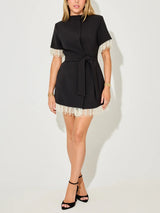 Elegant Pearl Trim Wrap Mini Dress