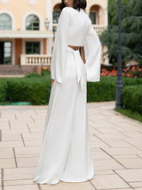 Elegant Satin Tie-neck Short Shirt With Trumpet Sleeves