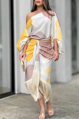 Fashionable Elegant Printed Tassel-Trim Midi Skirt