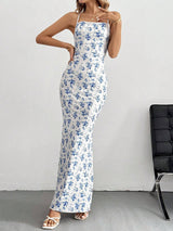 Sweet And Fresh Halter Back Floral Print Holiday Style Maxi Dress