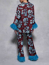 Retro Floral Print Satin Feather Sleeve Shirt