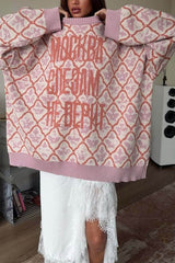 Casual Letter Diamond Print Crew Neck Long Sleeve Sweater