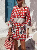 Vintage Print Flared Cuffs Mini Dress