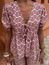 Casual Floral Print Lace-Up V-Neck Top