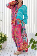 Unique Patchwork Print Button-Up Loose Fitting Shirt