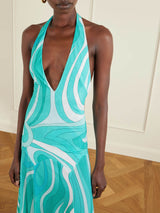 Retro Print Irregular Twill Trim Knit Backless Midi Dress