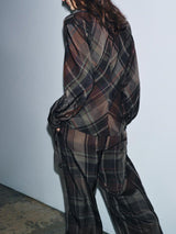 Asymmetric Draped Plaid Long-Sleeve Top