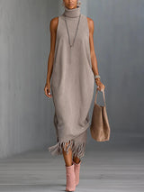 Elegant Faux Suede Fringe Hem Sleeveless Turtleneck Midi Dress