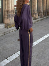 Modern Feel Unique Gold Trim And Elastic Cuffs V-Neck Top