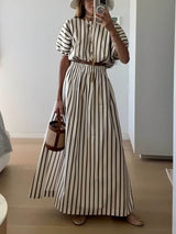 Exquisite Unique Striped Print Elastic Waist Slit Pocket Maxi Skirt